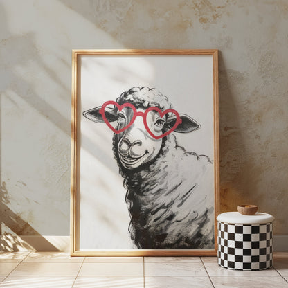 Premium Poster of Cute Sheep Wearing Heart-Shaped Glasses Posters