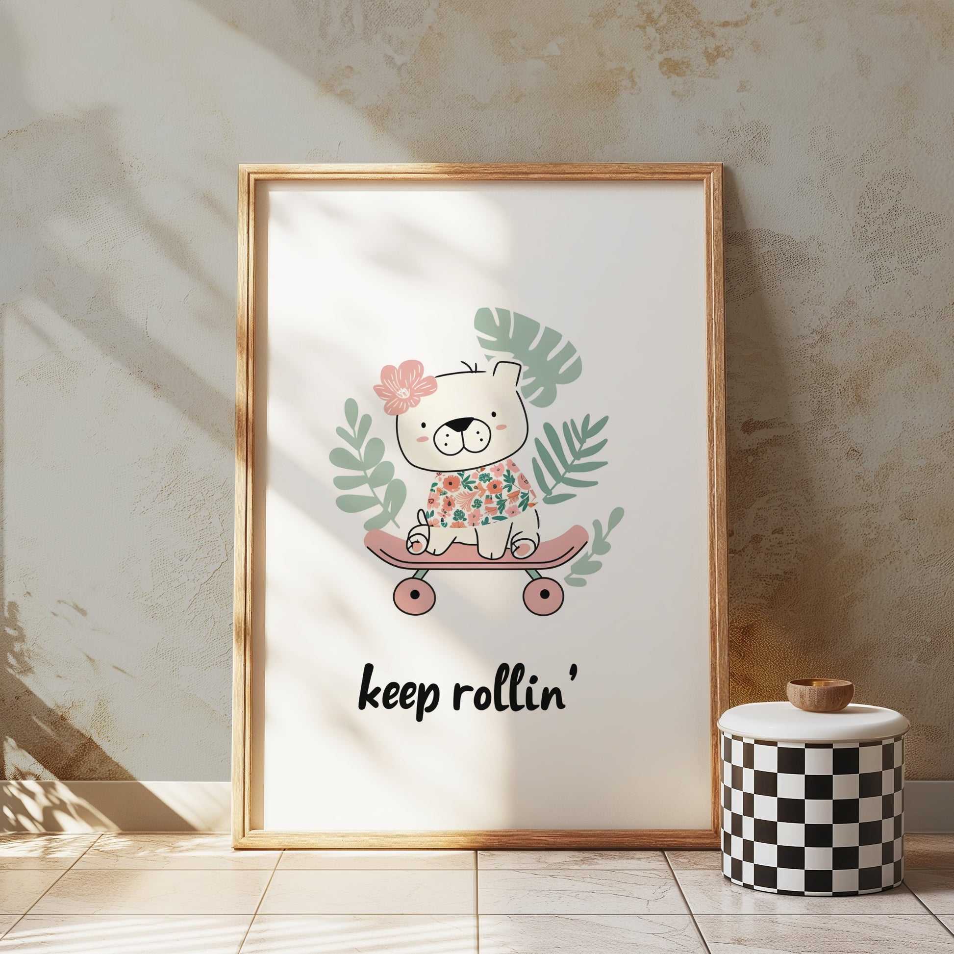 Premium Poster of Cute Skateboarding Bear with Tropical Leaves Posters