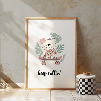Premium Poster of Cute Skateboarding Bear with Tropical Leaves Posters
