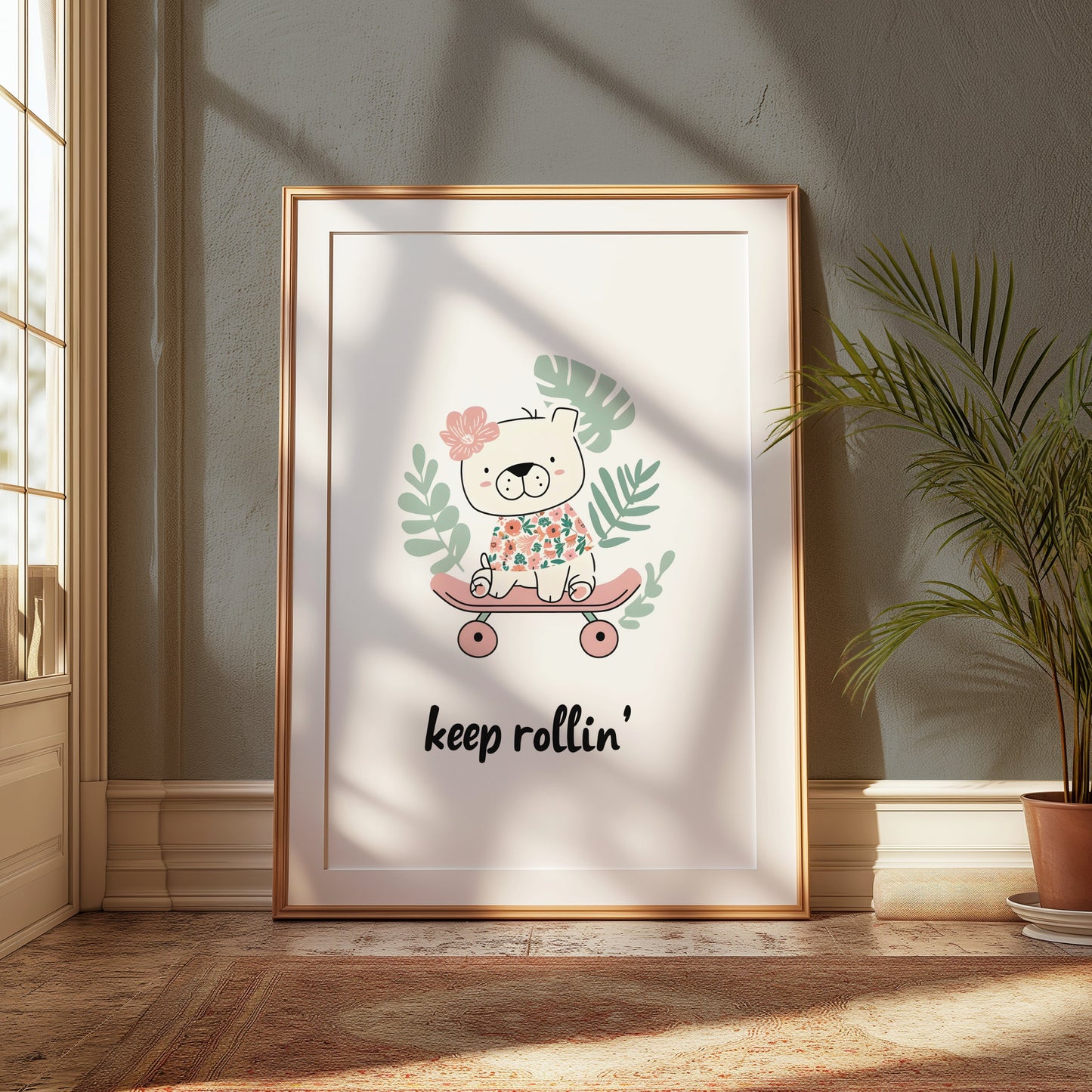 Premium Poster of Cute Skateboarding Bear with Tropical Leaves Posters