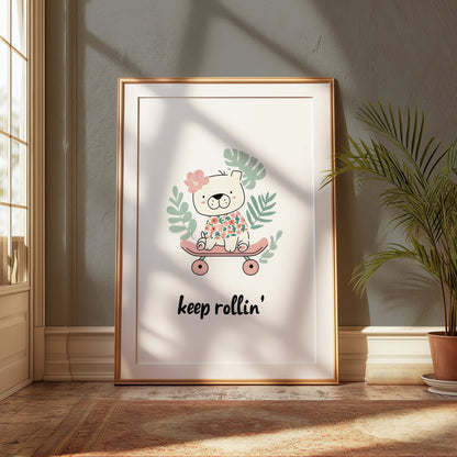 Premium Poster of Cute Skateboarding Bear with Tropical Leaves Posters
