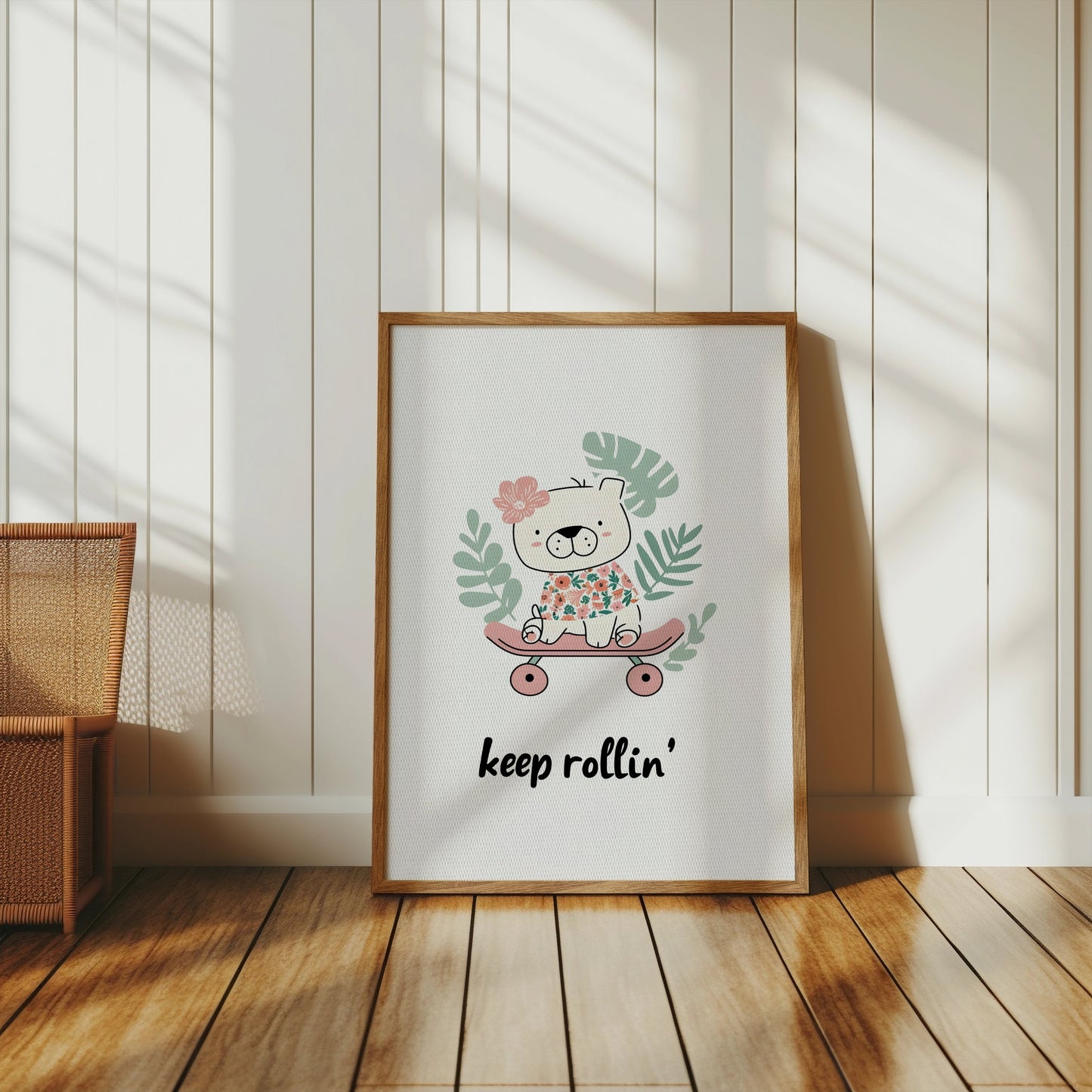 Premium Poster of Cute Skateboarding Bear with Tropical Leaves Posters