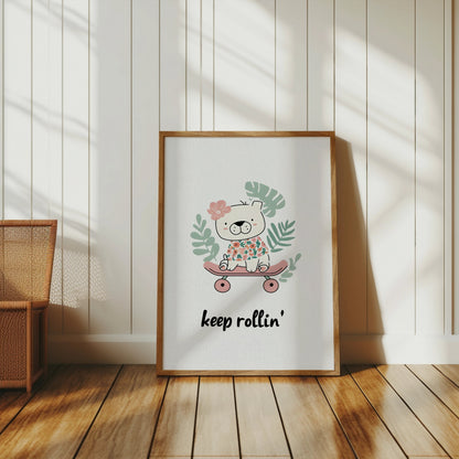 Premium Poster of Cute Skateboarding Bear with Tropical Leaves Posters