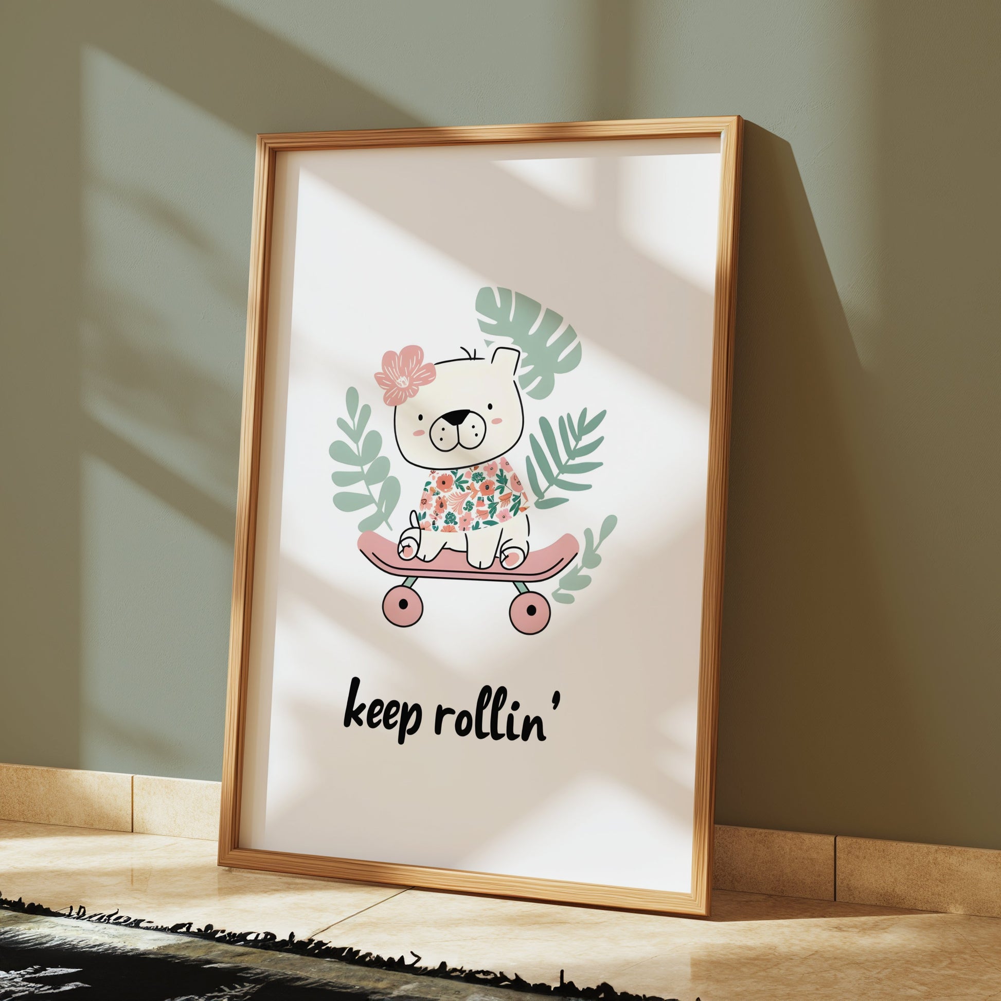 Premium Poster of Cute Skateboarding Bear with Tropical Leaves Posters