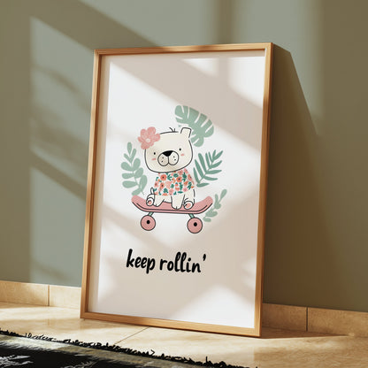 Premium Poster of Cute Skateboarding Bear with Tropical Leaves Posters