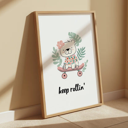 Premium Poster of Cute Skateboarding Bear with Tropical Leaves Posters