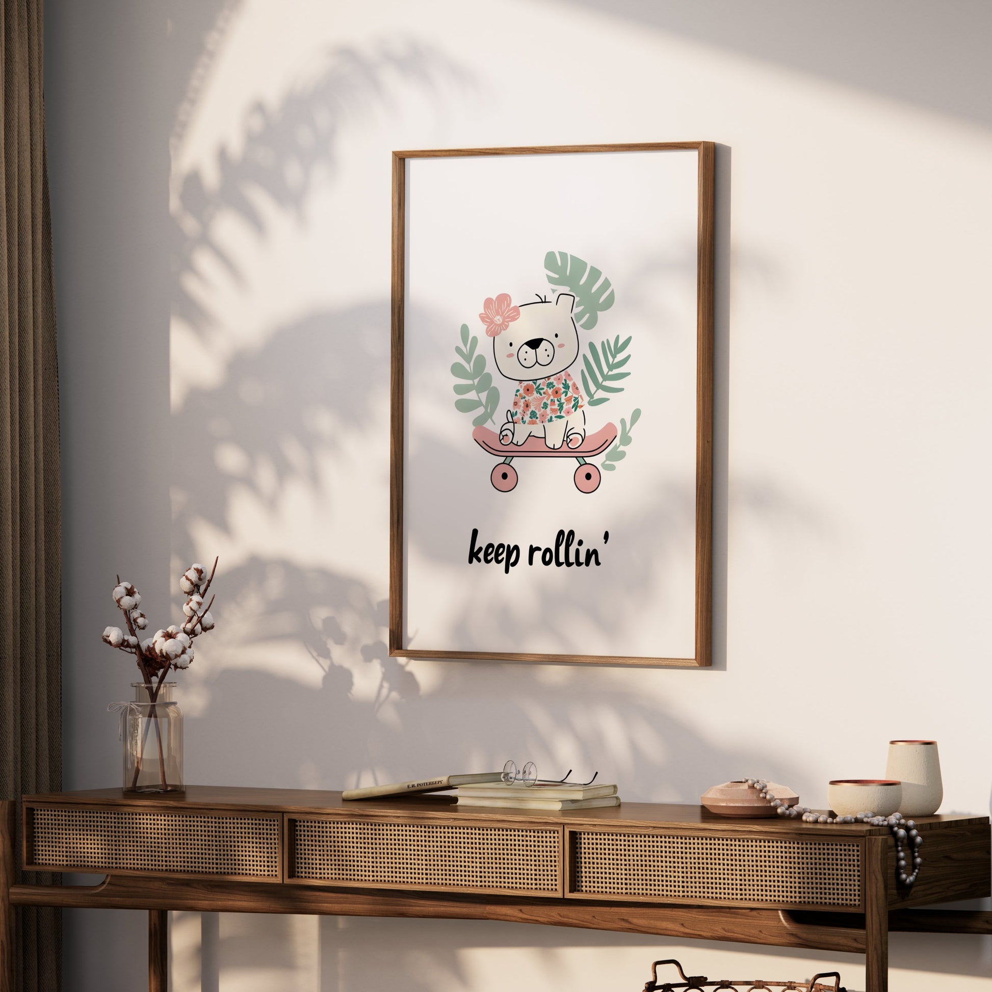 Premium Poster of Cute Skateboarding Bear with Tropical Leaves Posters