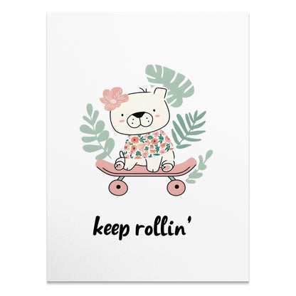 Premium Poster of Cute Skateboarding Bear with Tropical Leaves Posters