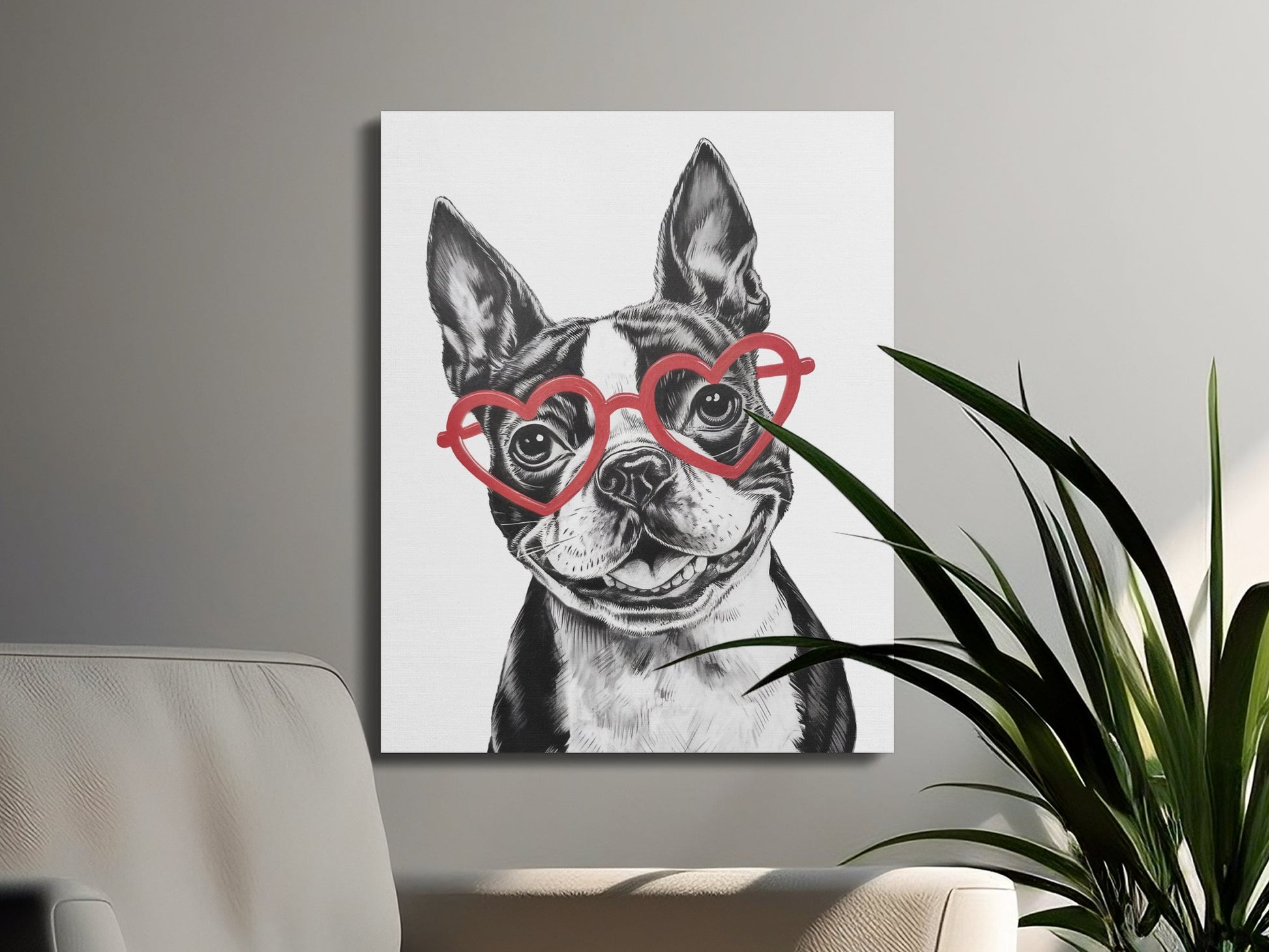 Premium Poster of Cute Sketch Boston Terrier With Red Heart Glasses Canvas Wraps