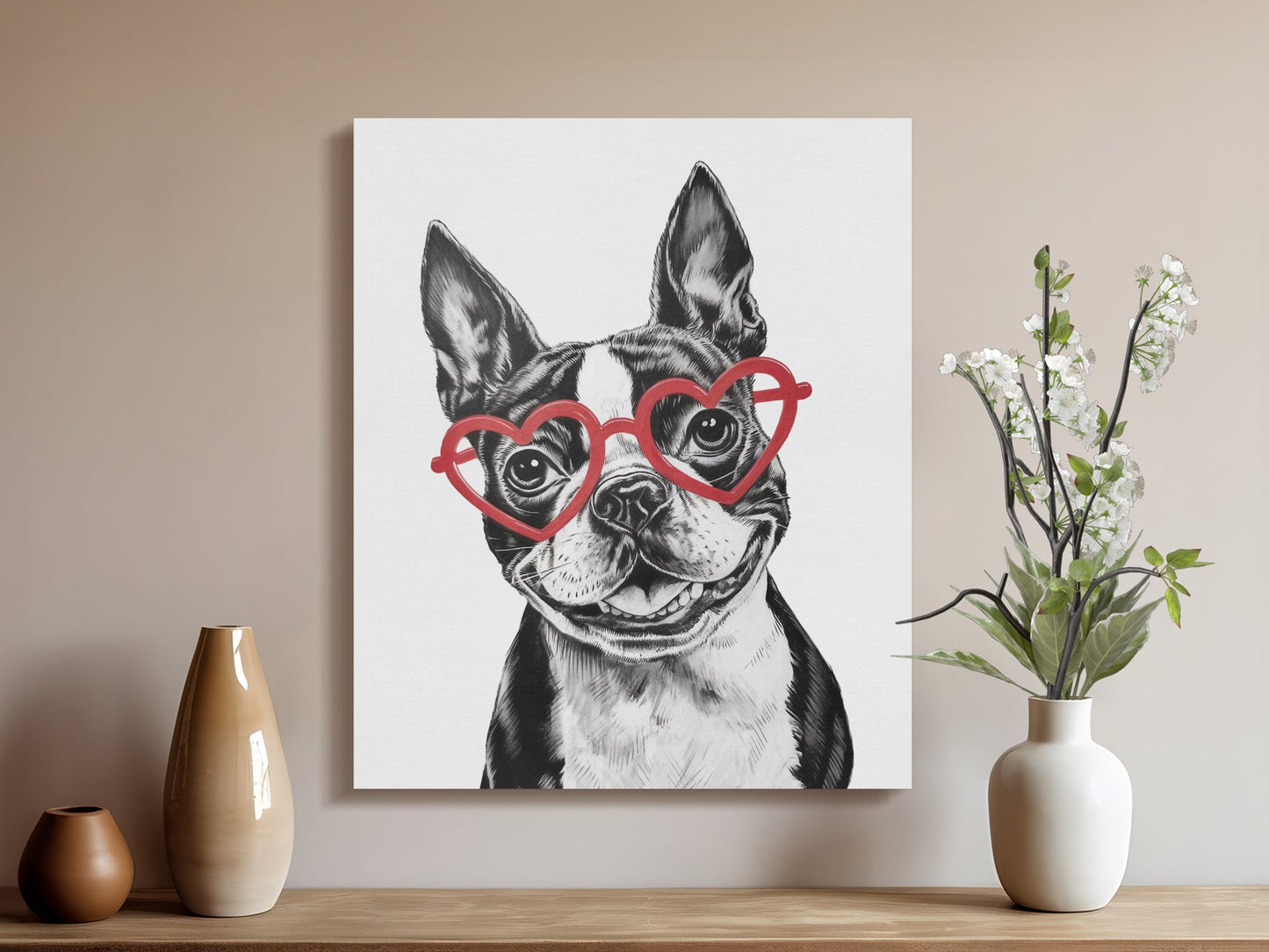 Premium Poster of Cute Sketch Boston Terrier With Red Heart Glasses Canvas Wraps