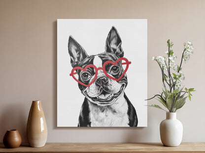 Premium Poster of Cute Sketch Boston Terrier With Red Heart Glasses Canvas Wraps