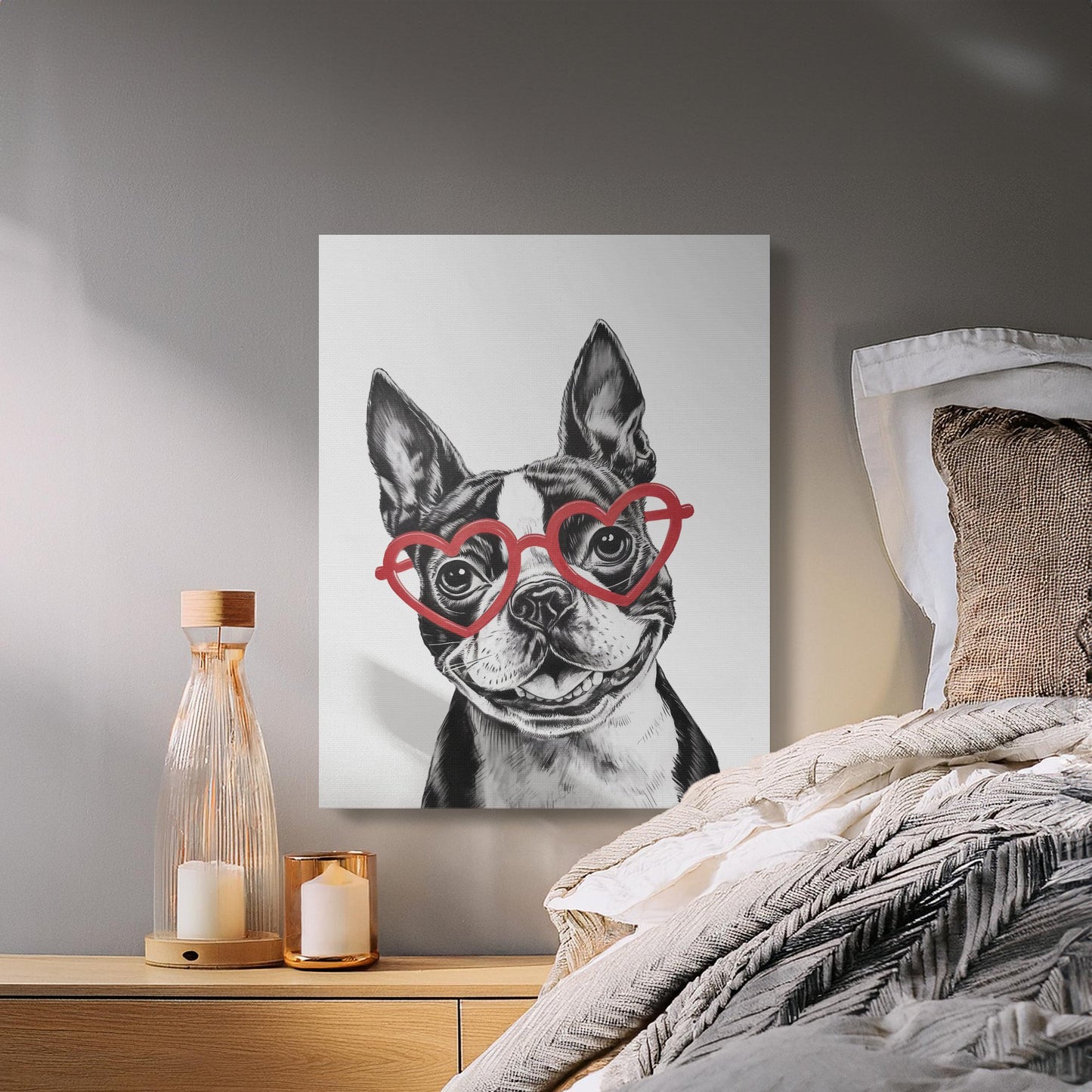 Premium Poster of Cute Sketch Boston Terrier With Red Heart Glasses Canvas Wraps