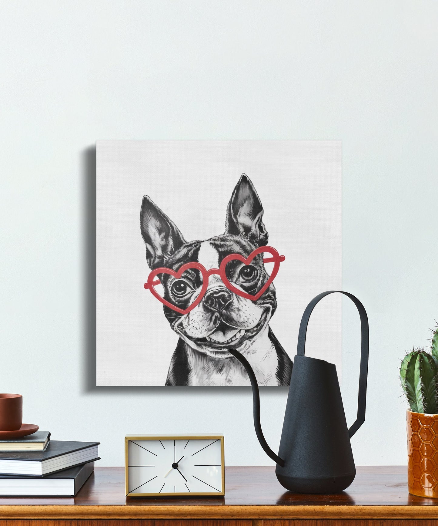 Premium Poster of Cute Sketch Boston Terrier With Red Heart Glasses Canvas Wraps