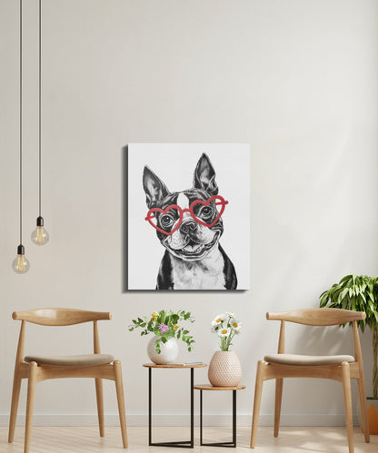 Premium Poster of Cute Sketch Boston Terrier With Red Heart Glasses Canvas Wraps