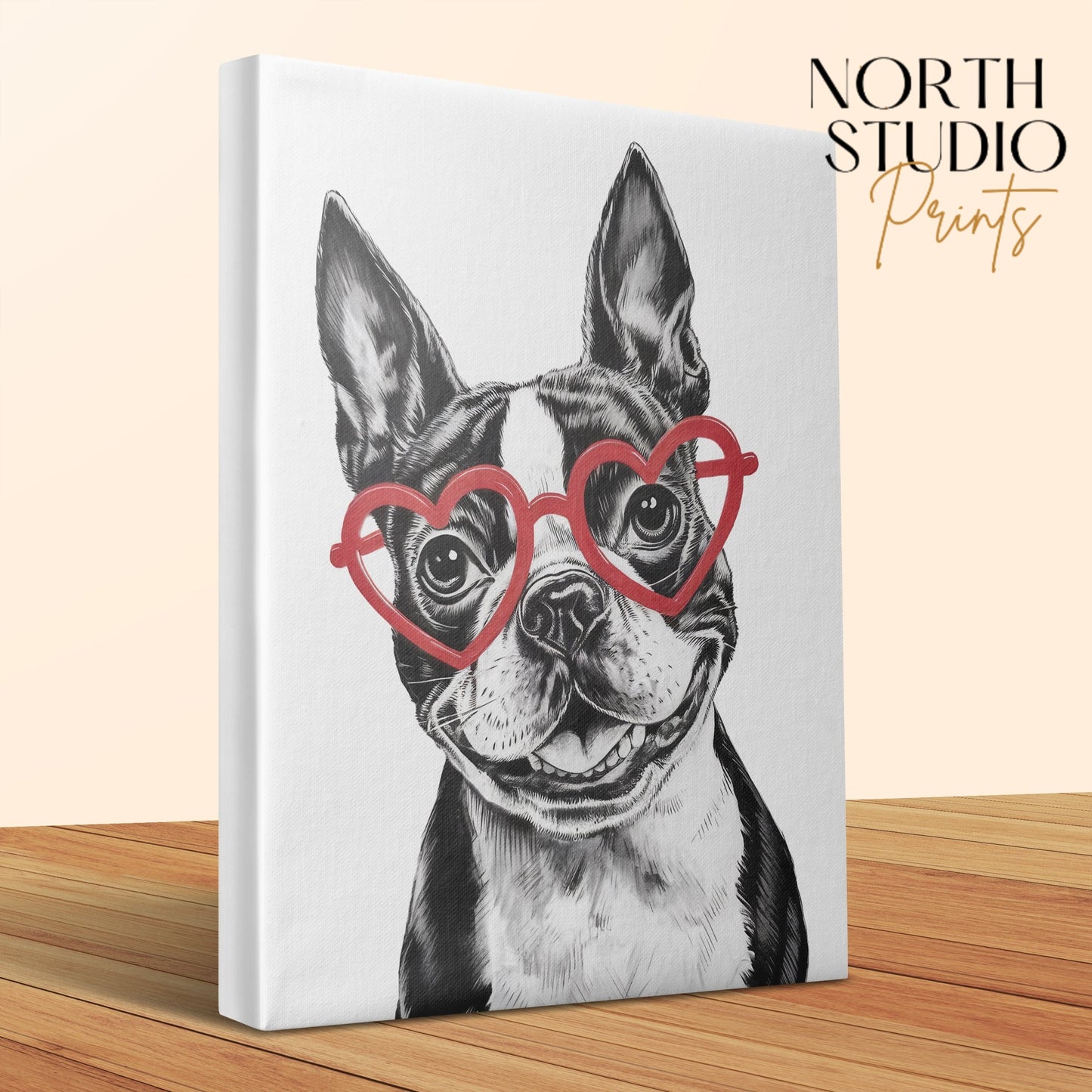 Premium Poster of Cute Sketch Boston Terrier With Red Heart Glasses Canvas Wraps