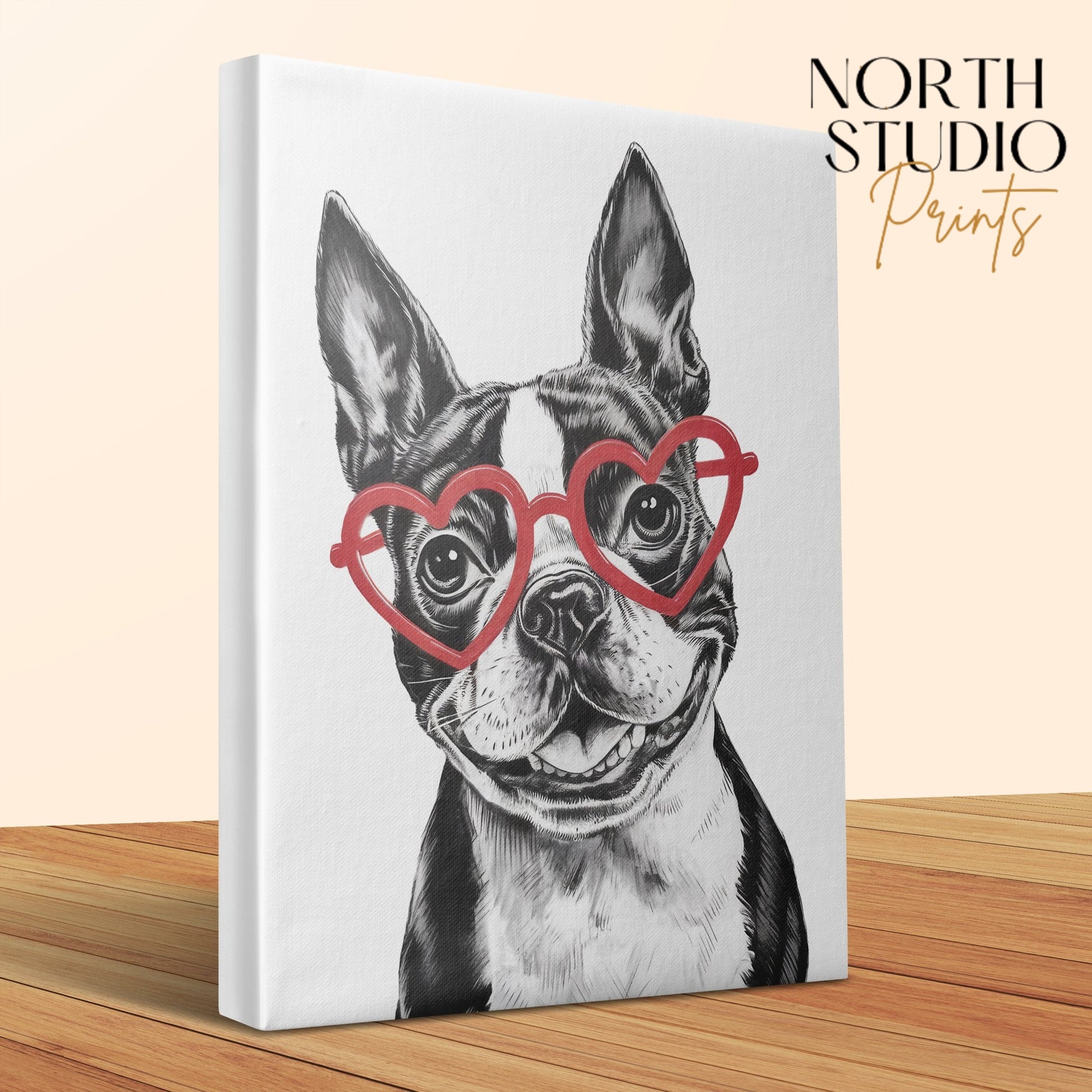 Premium Poster of Cute Sketch Boston Terrier With Red Heart Glasses Canvas Wraps