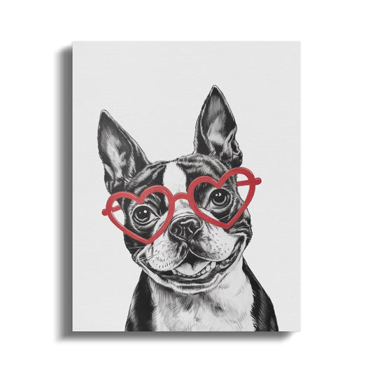 Premium Poster of Cute Sketch Boston Terrier With Red Heart Glasses Canvas Wraps