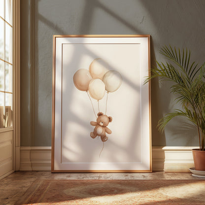 Premium Poster of Cute Teddy Bear Floating with Balloons Posters