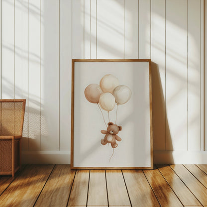 Premium Poster of Cute Teddy Bear Floating with Balloons Posters