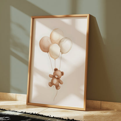 Premium Poster of Cute Teddy Bear Floating with Balloons Posters