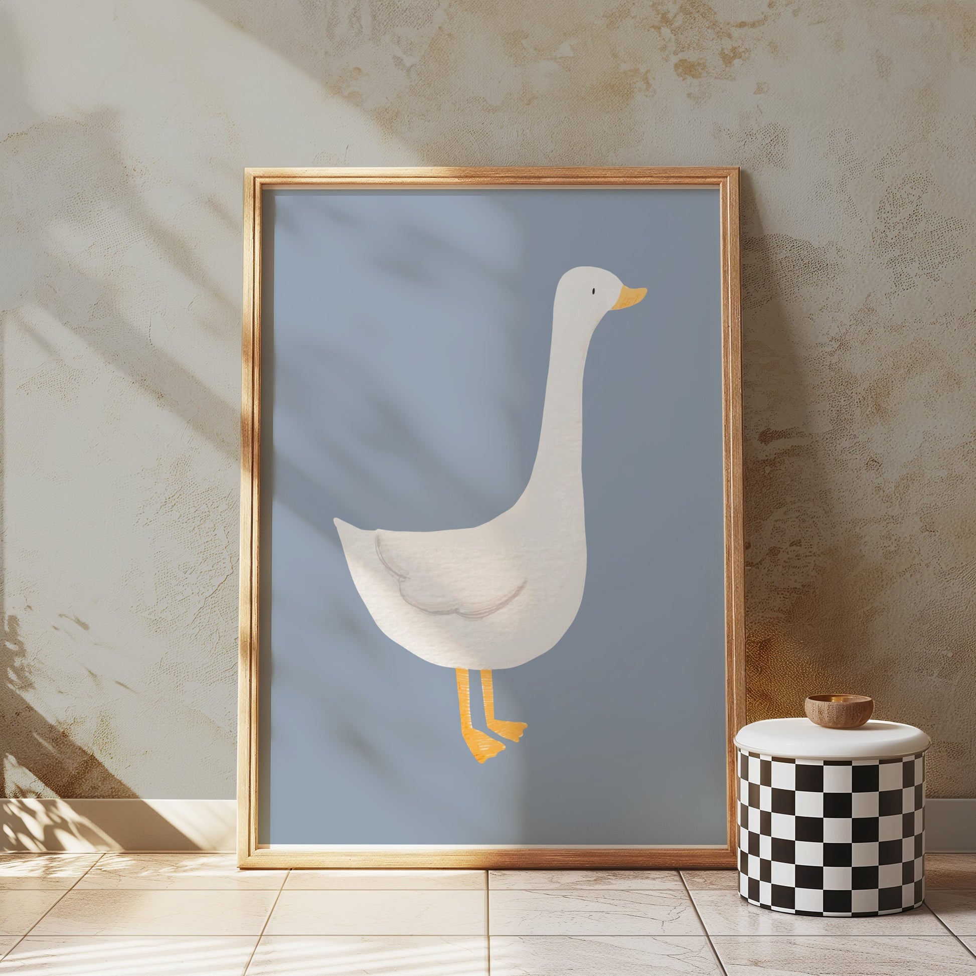 Premium Poster of Cute White Duck Illustration on Blue Background Posters