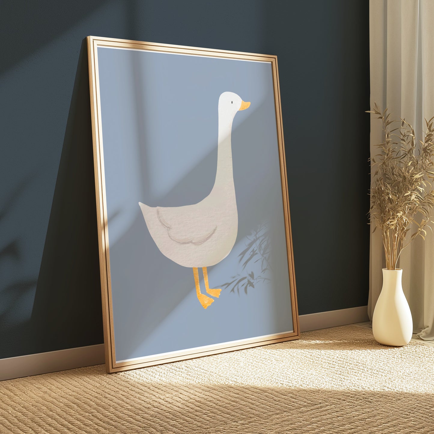 Premium Poster of Cute White Duck Illustration on Blue Background Posters