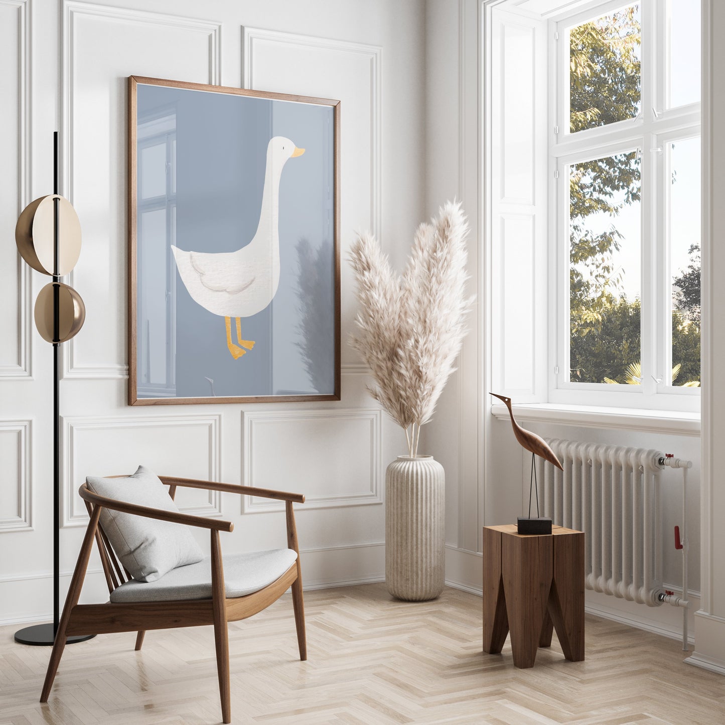 Premium Poster of Cute White Duck Illustration on Blue Background Posters