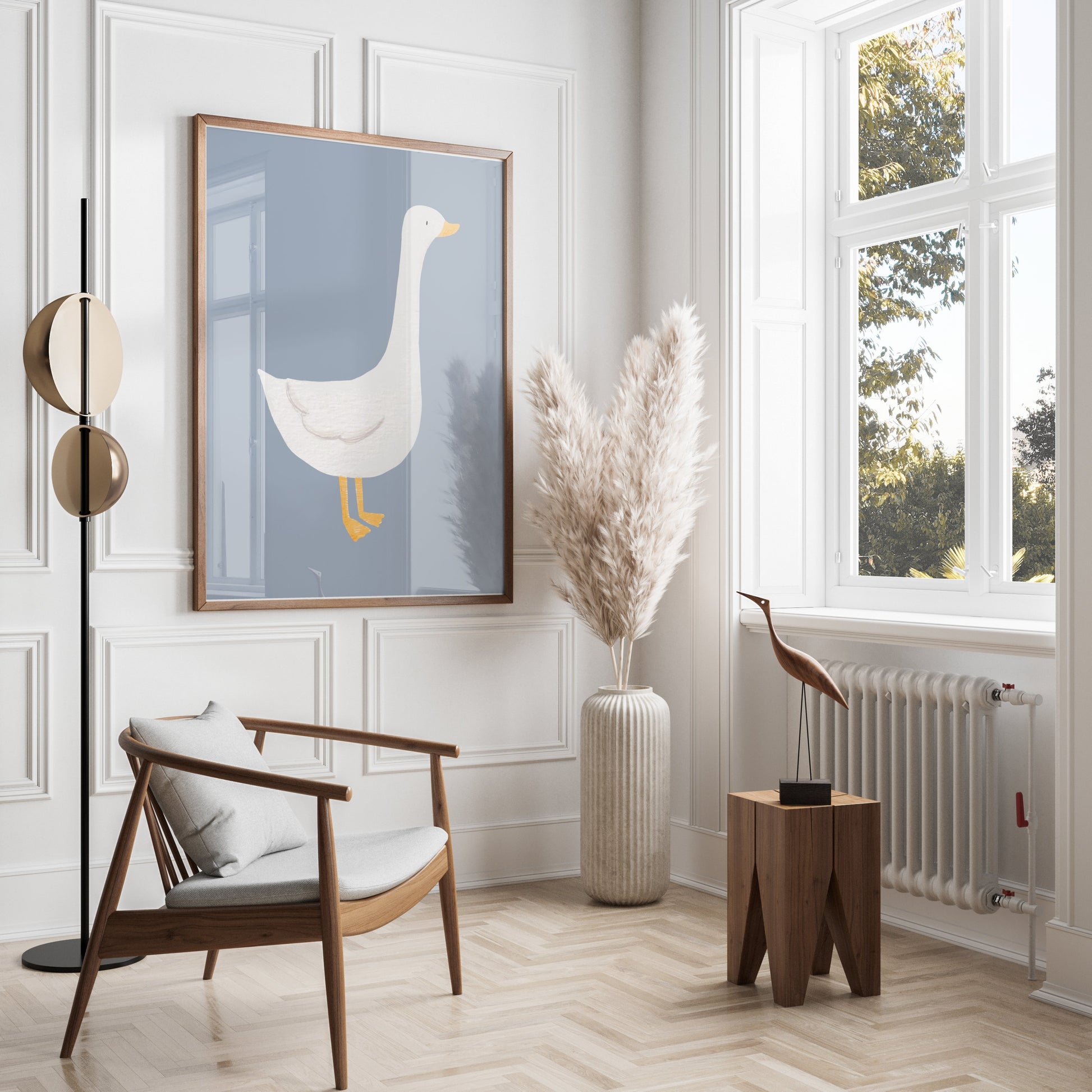 Premium Poster of Cute White Duck Illustration on Blue Background Posters