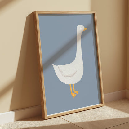 Premium Poster of Cute White Duck Illustration on Blue Background Posters