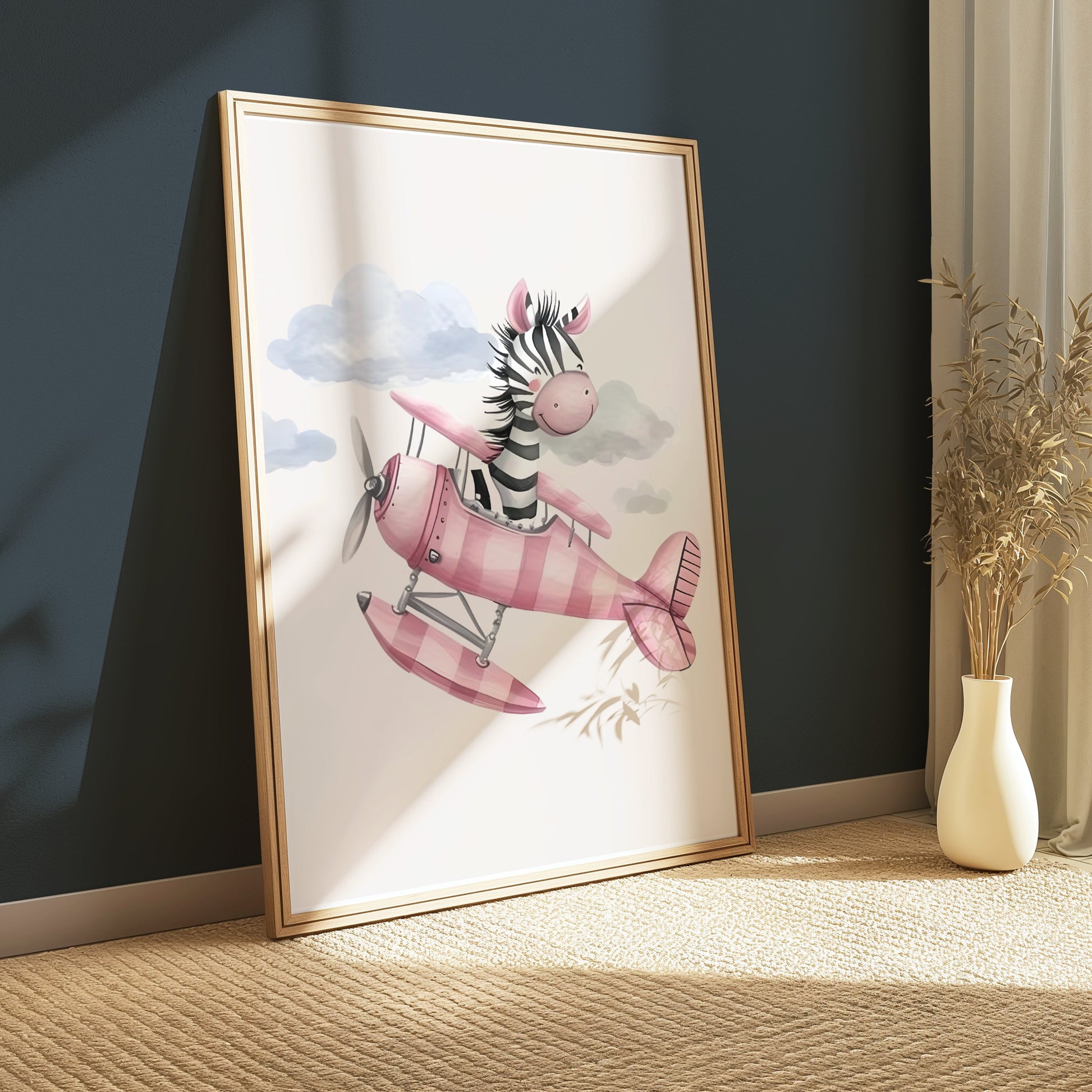 Premium Poster of Cute Zebra Flying Pink Airplane Artwork Posters