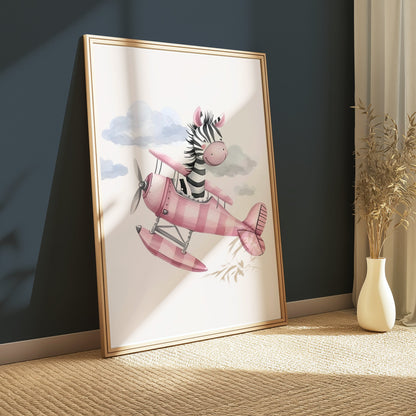 Premium Poster of Cute Zebra Flying Pink Airplane Artwork Posters