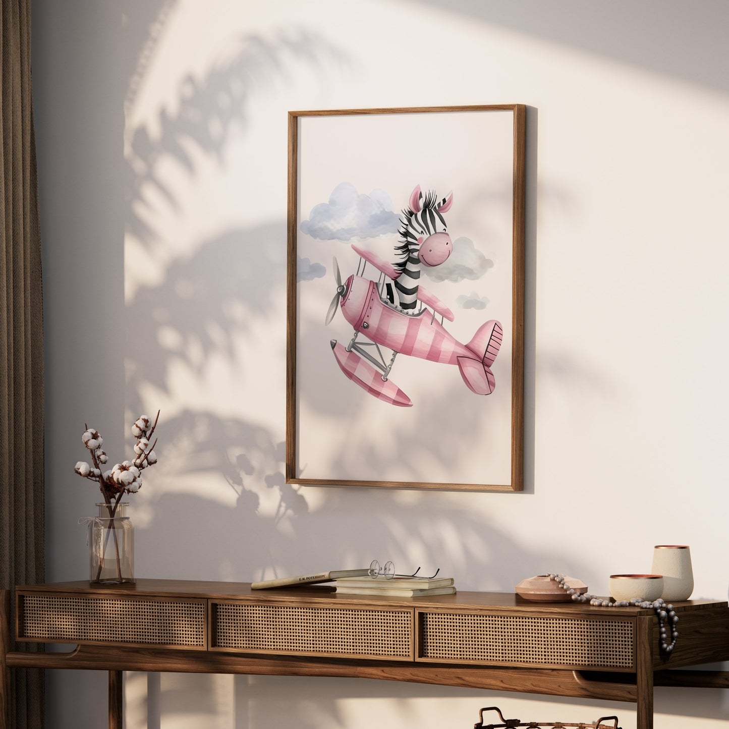Premium Poster of Cute Zebra Flying Pink Airplane Artwork Posters
