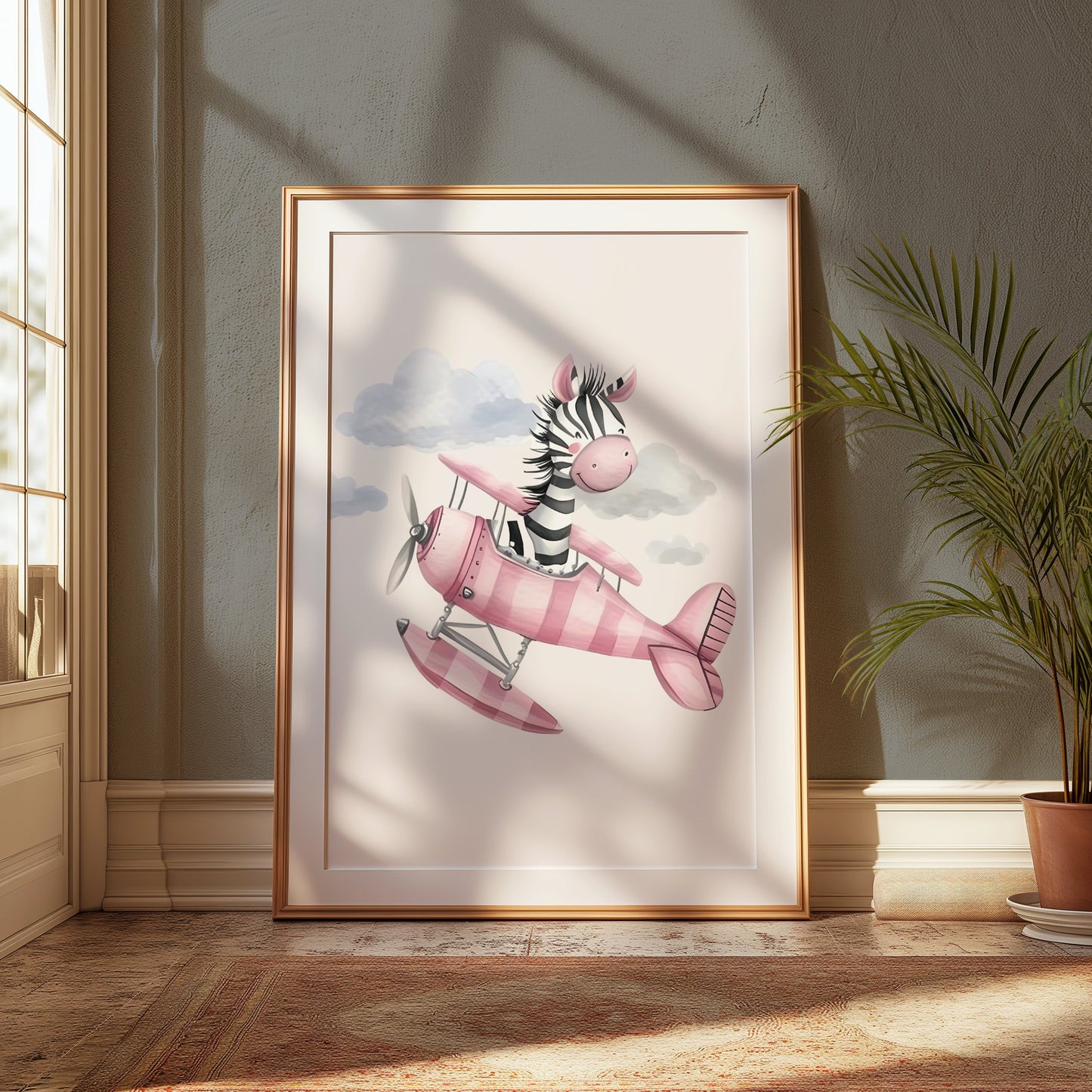 Premium Poster of Cute Zebra Flying Pink Airplane Artwork Posters