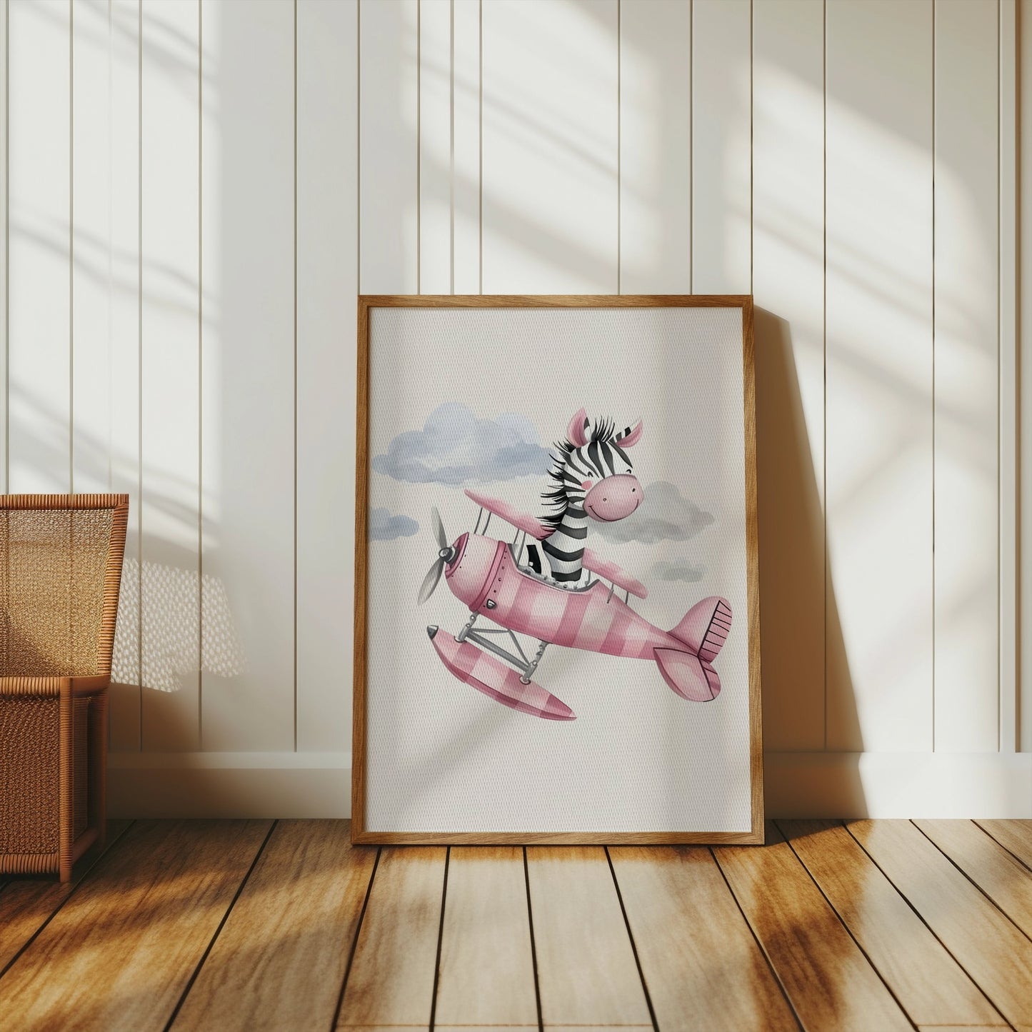 Premium Poster of Cute Zebra Flying Pink Airplane Artwork Posters