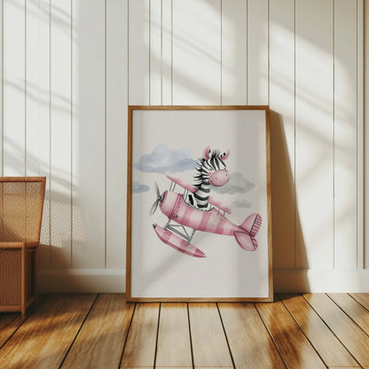Premium Poster of Cute Zebra Flying Pink Airplane Artwork Posters