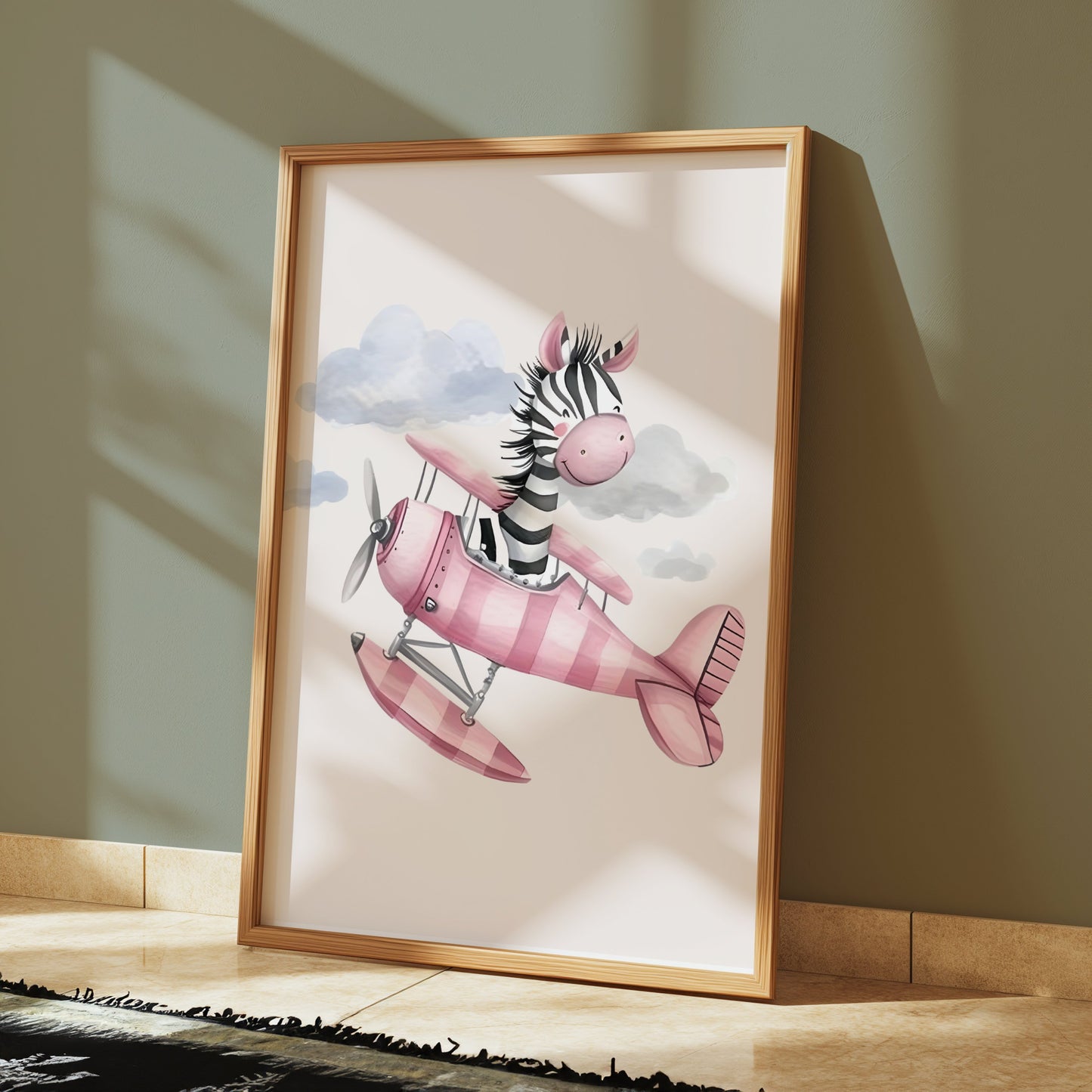 Premium Poster of Cute Zebra Flying Pink Airplane Artwork Posters