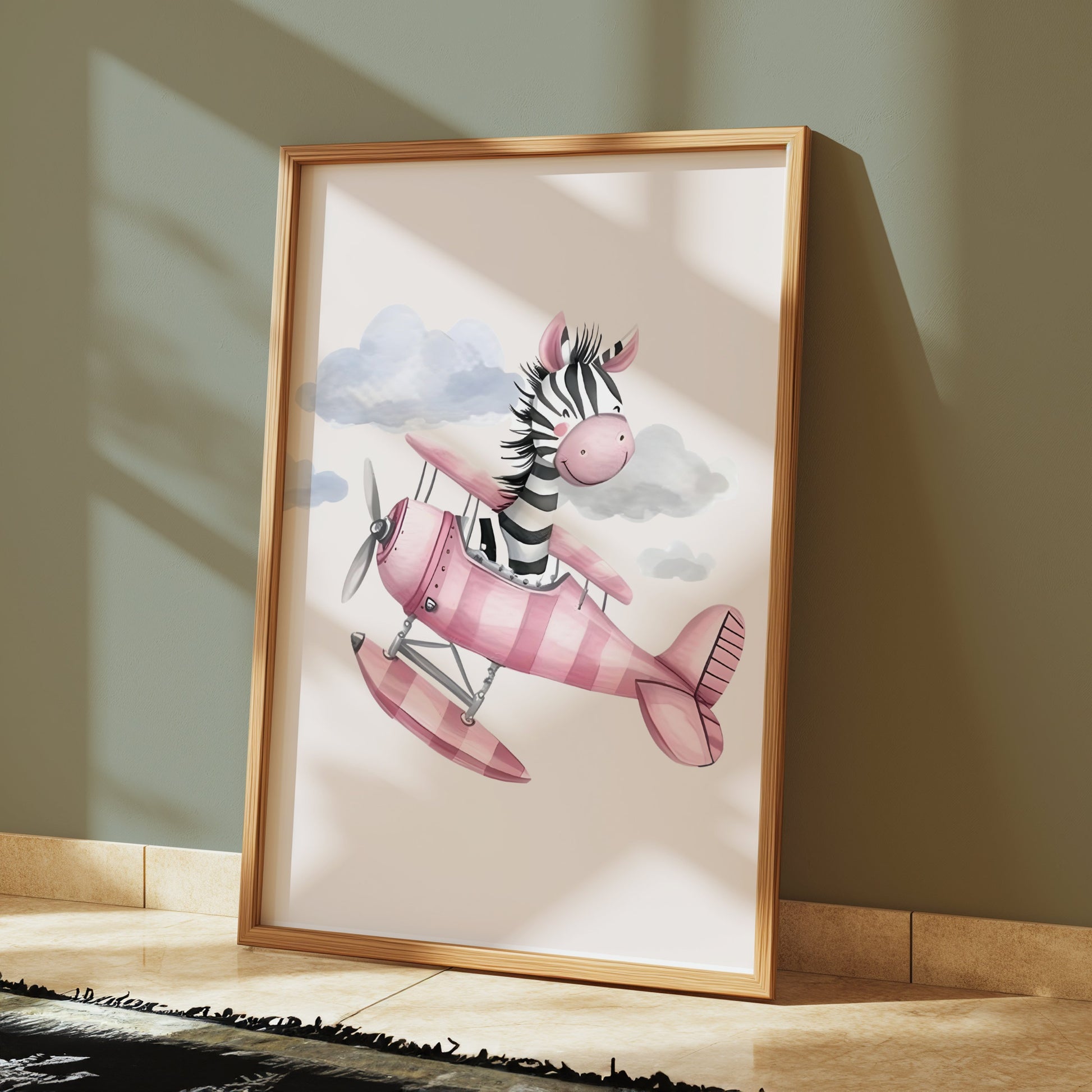 Premium Poster of Cute Zebra Flying Pink Airplane Artwork Posters