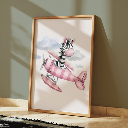 Premium Poster of Cute Zebra Flying Pink Airplane Artwork Posters