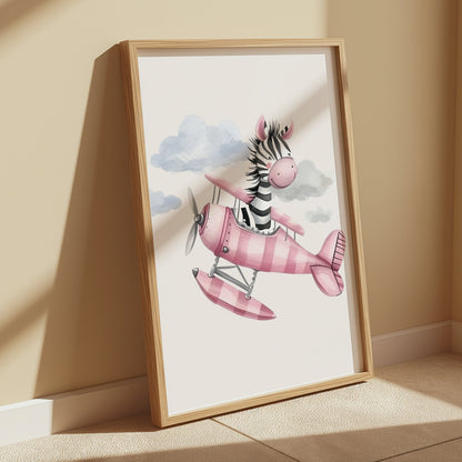 Premium Poster of Cute Zebra Flying Pink Airplane Artwork Posters