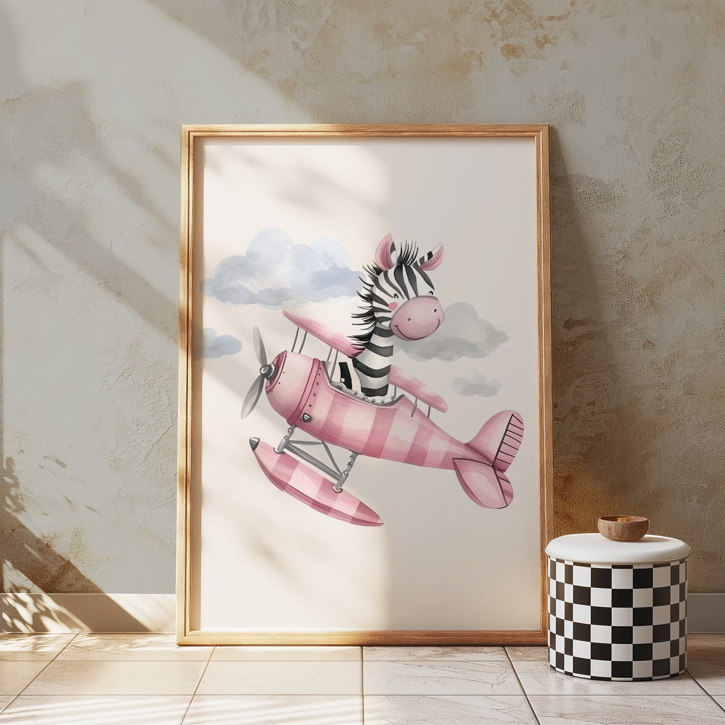 Premium Poster of Cute Zebra Flying Pink Airplane Artwork Posters