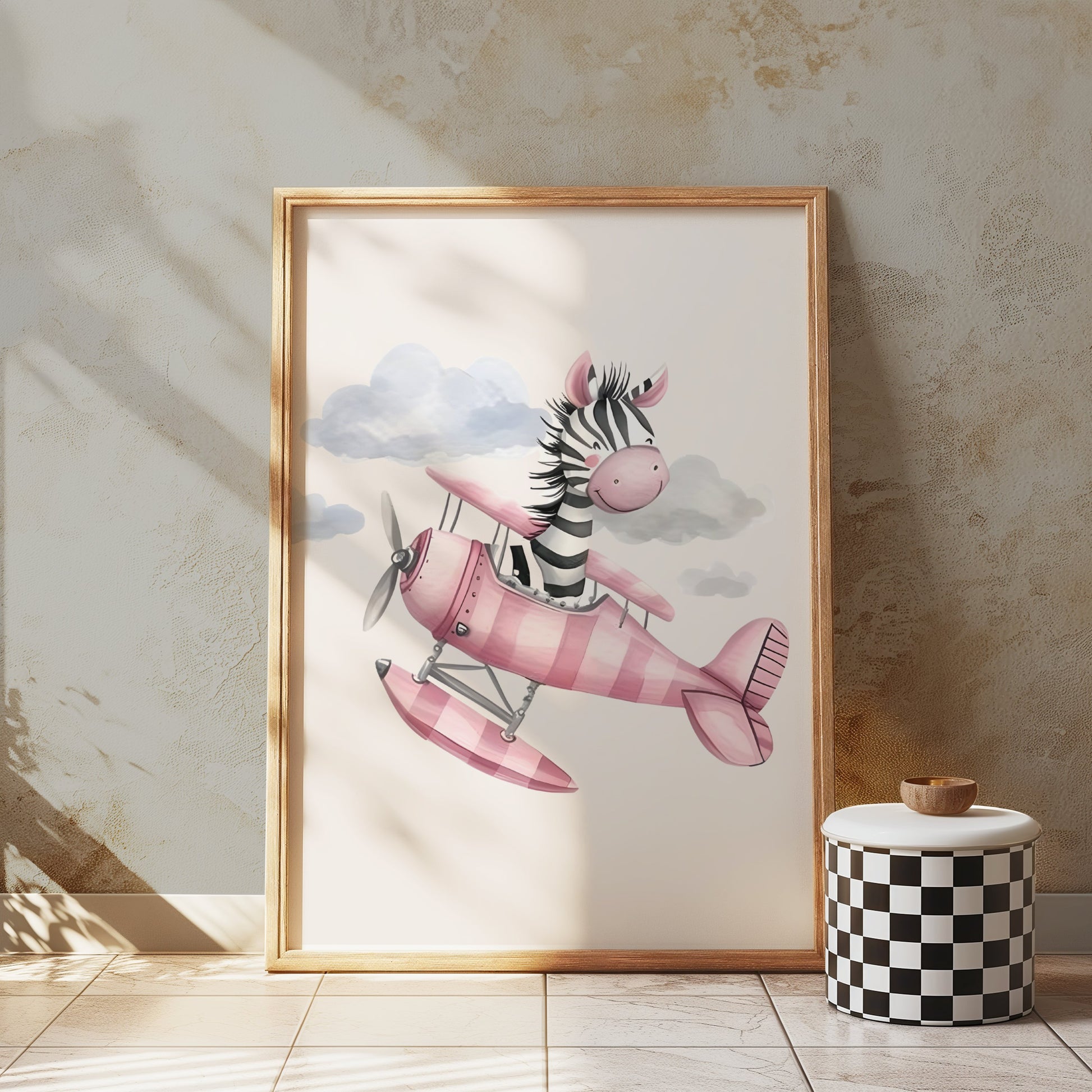 Premium Poster of Cute Zebra Flying Pink Airplane Artwork Posters