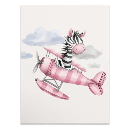 Premium Poster of Cute Zebra Flying Pink Airplane Artwork Posters
