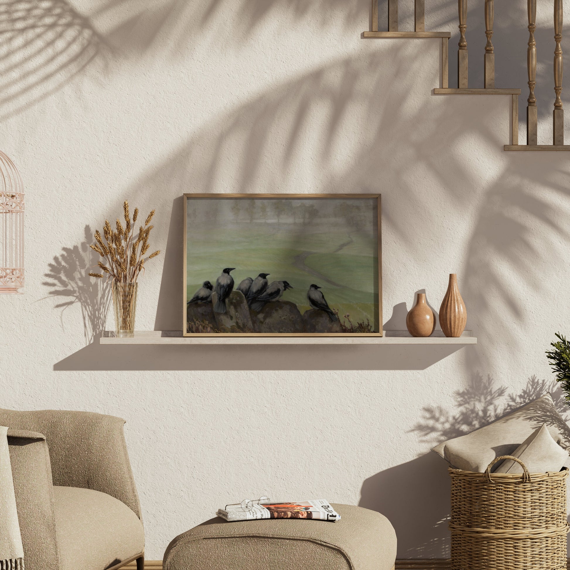 Premium Poster of Decorative Art with Crows Landscape View Posters