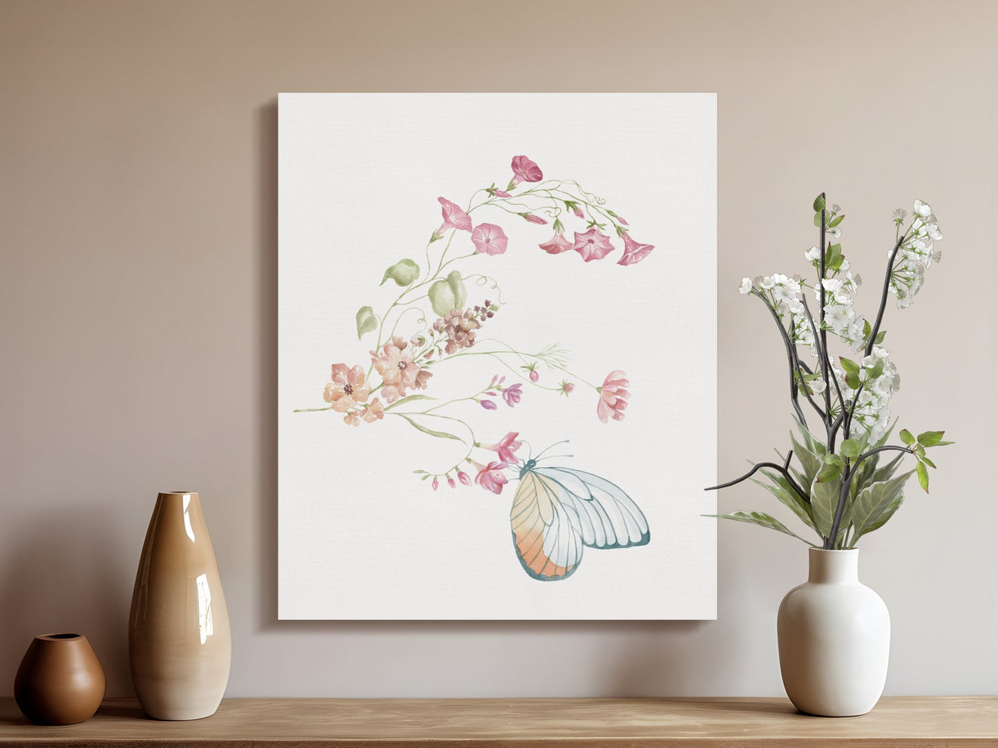 Premium Poster of Delicate Floral and Butterfly Design Canvas Wraps