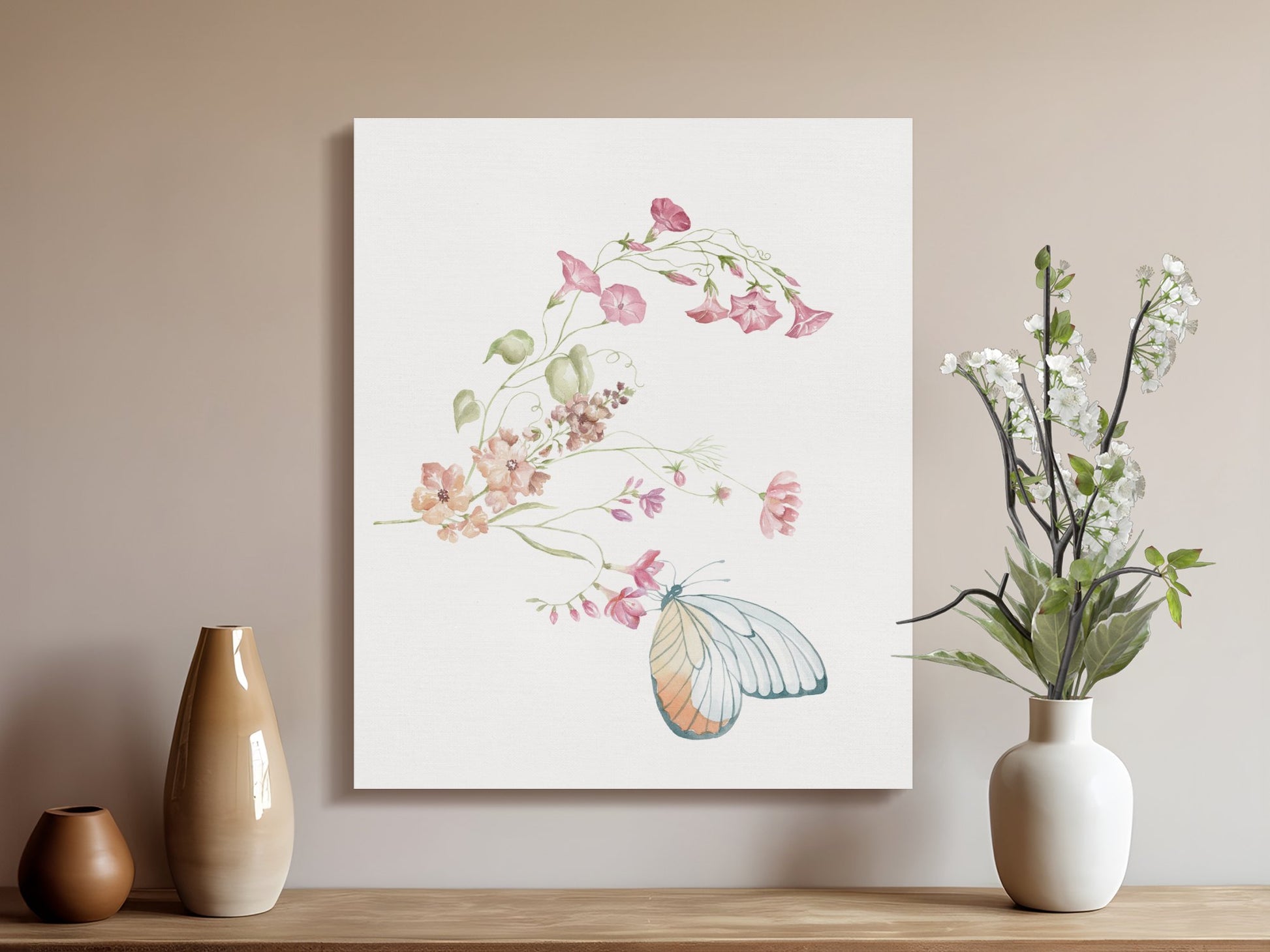 Premium Poster of Delicate Floral and Butterfly Design Canvas Wraps