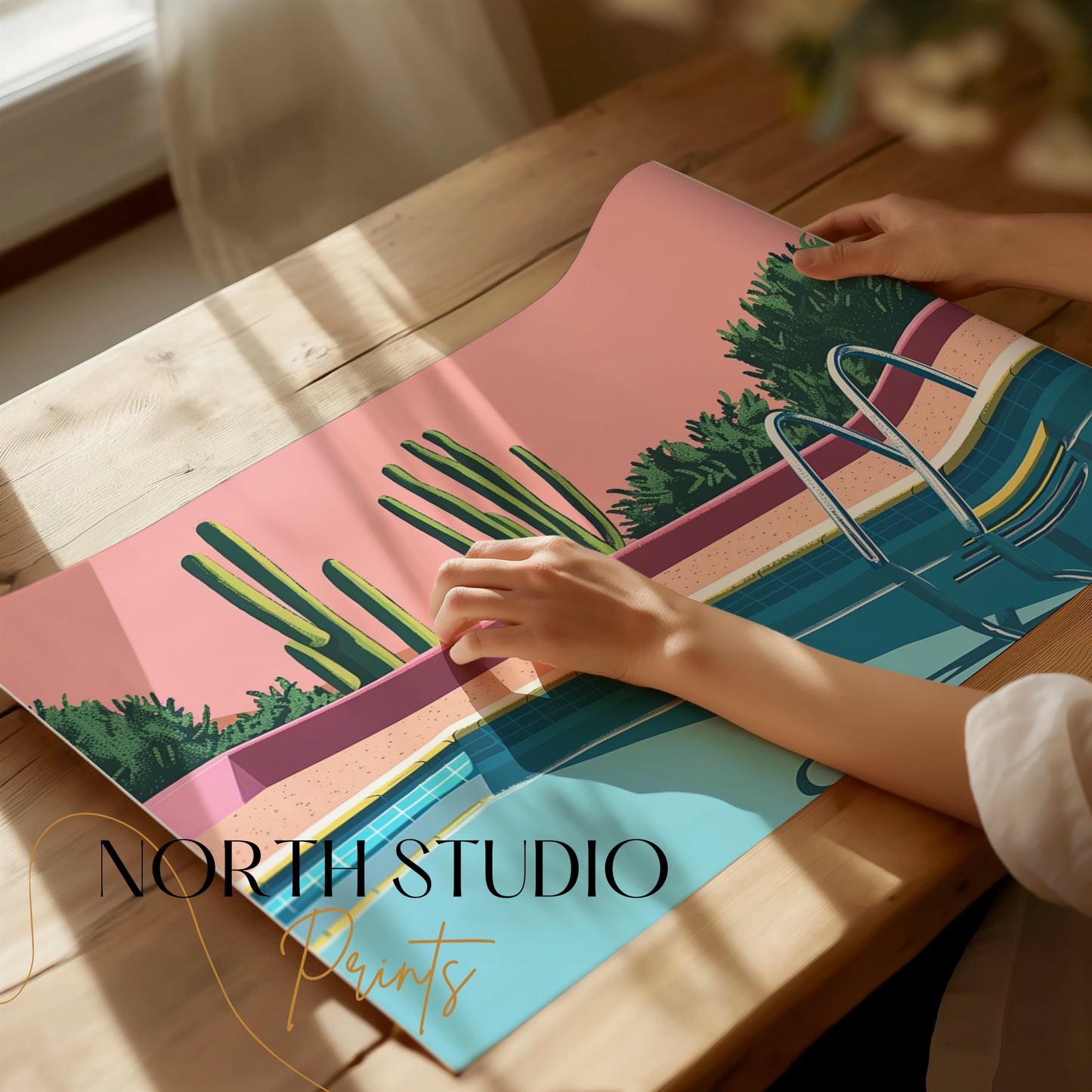 Premium Poster of Desert Cacti Poolside Artwork Aesthetic Wall Art Posters