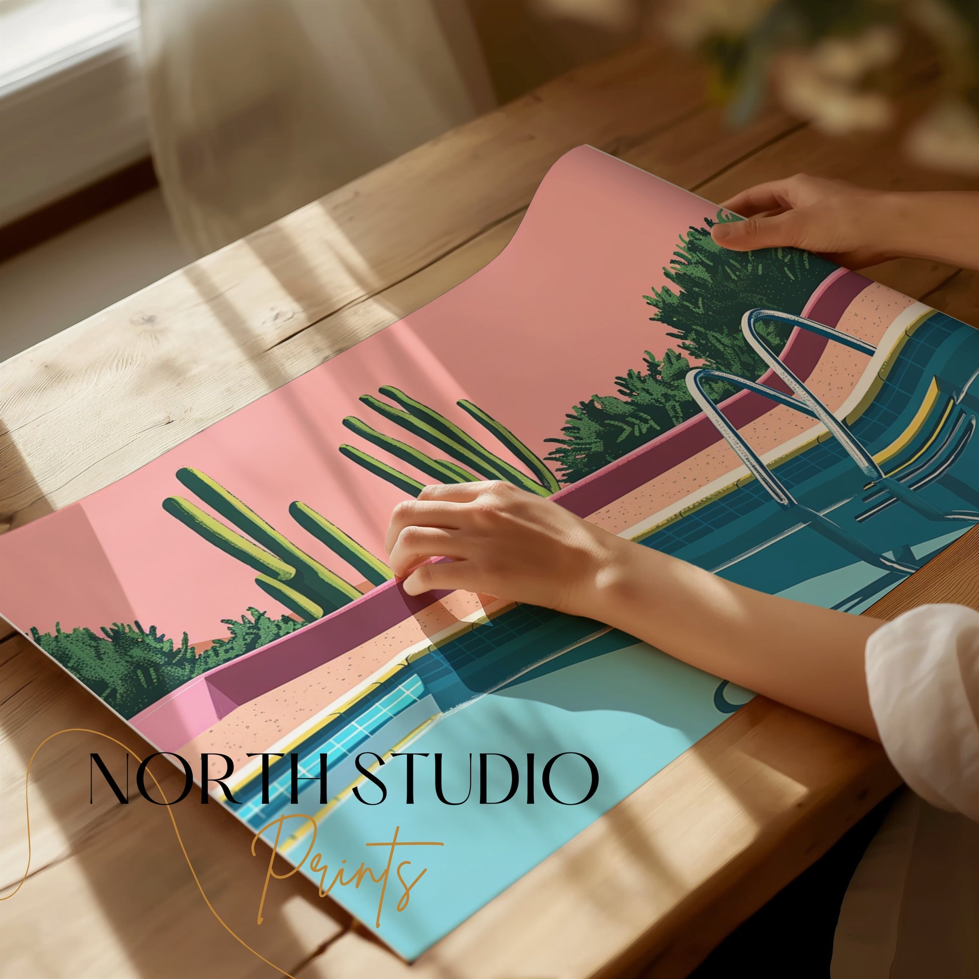 Premium Poster of Desert Cacti Poolside Artwork Aesthetic Wall Art Posters