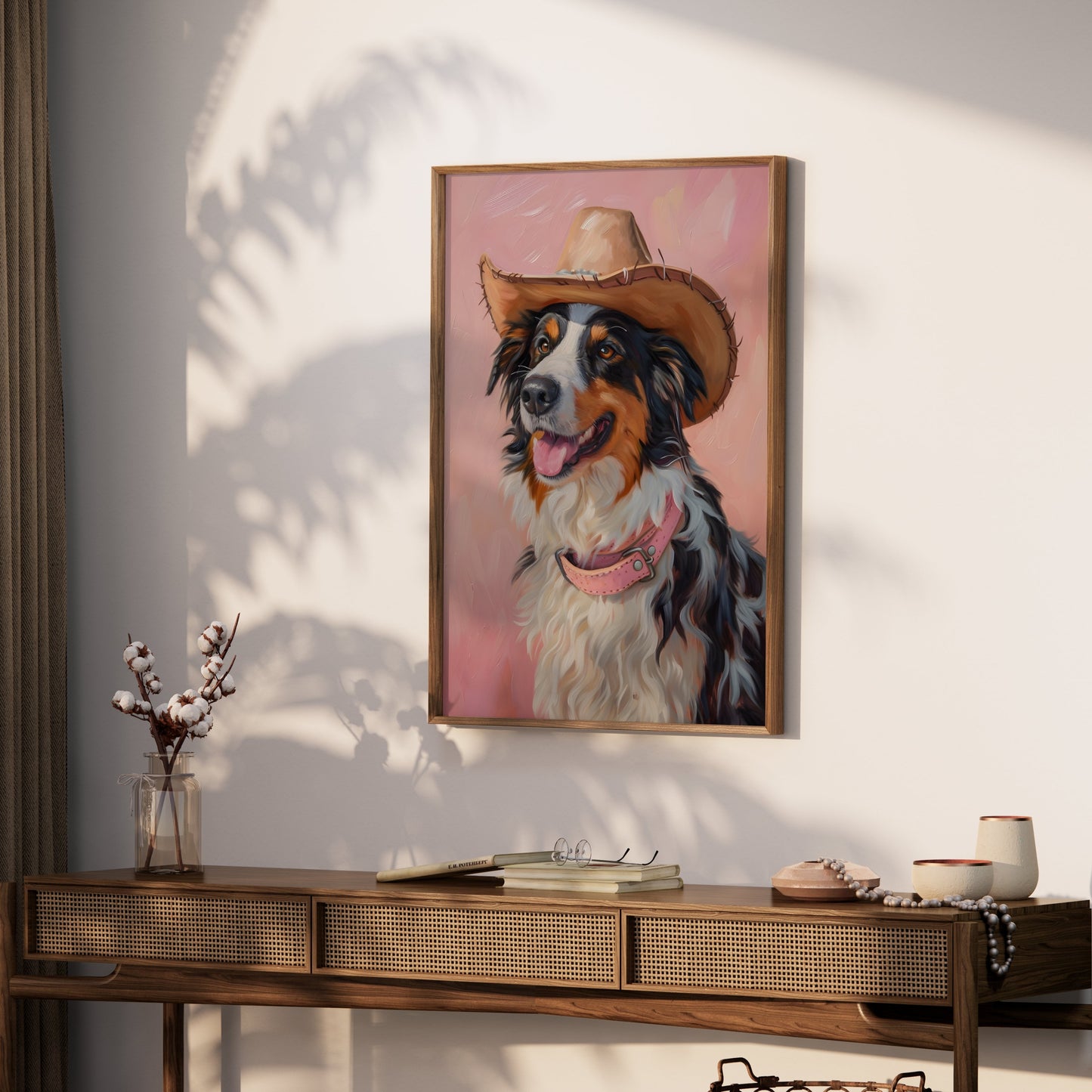 Premium Poster of Dog Wearing Cowboy Hat Pink Background Posters
