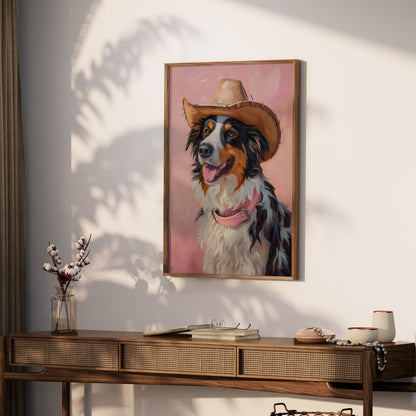 Premium Poster of Dog Wearing Cowboy Hat Pink Background Posters