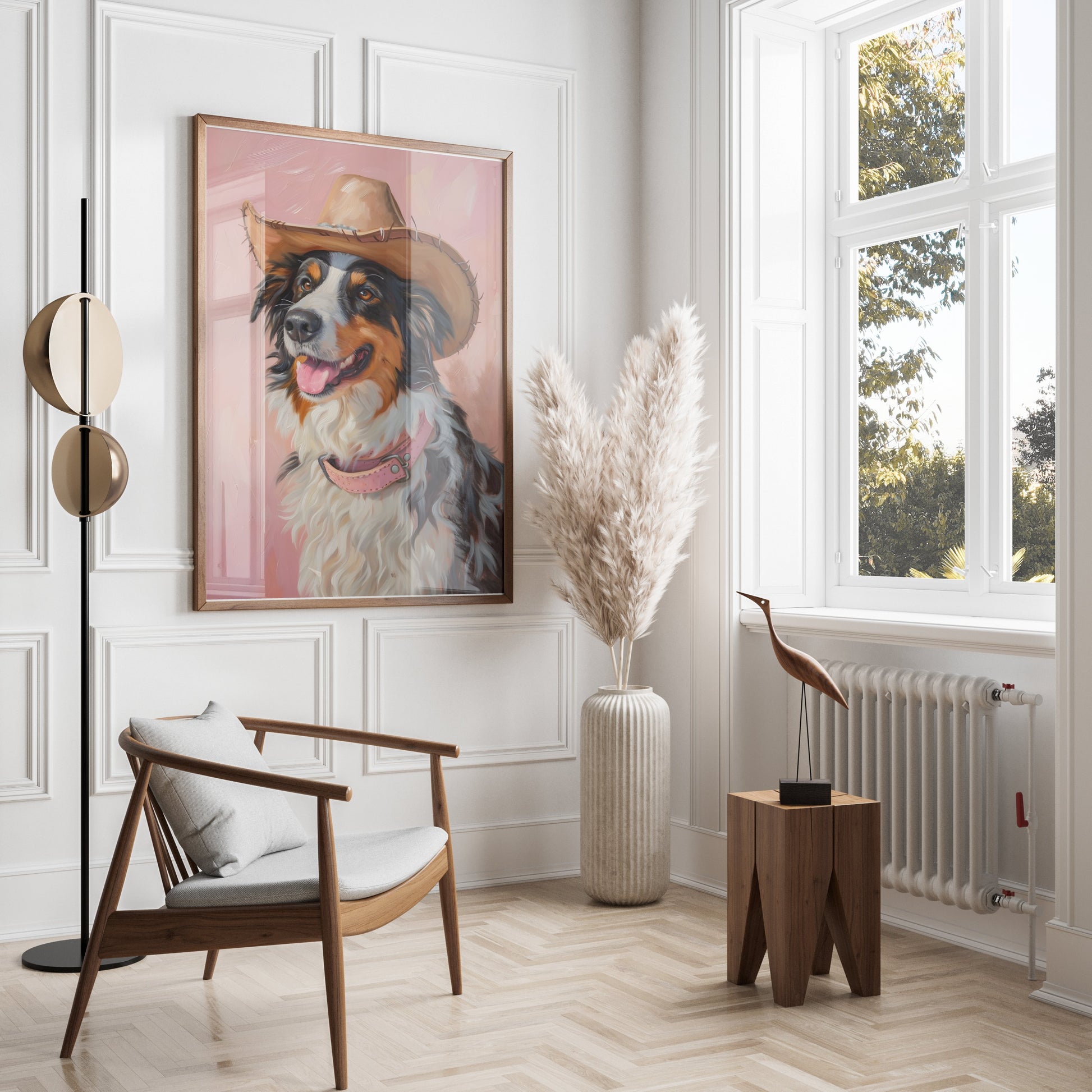 Premium Poster of Dog Wearing Cowboy Hat Pink Background Posters